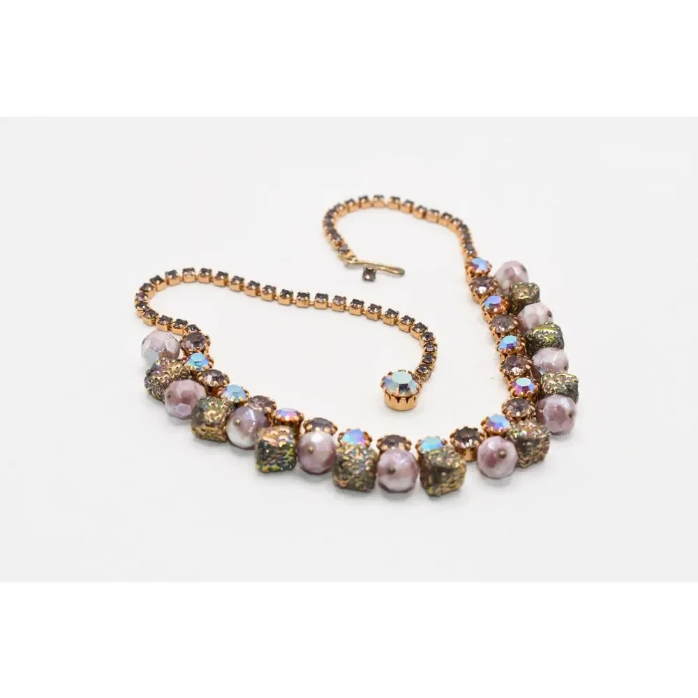 Vintage AB Rhinestone Art Glass Dangle Choker Necklace 15 Inch